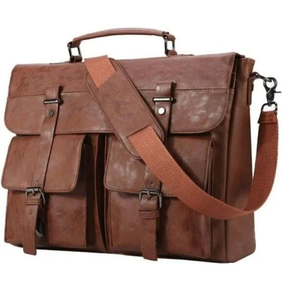 𝅺NEW Leather Messenger Bag for Men 15.6 Inch Vintage Laptop Briefcase Brown - Picture 1 of 7
